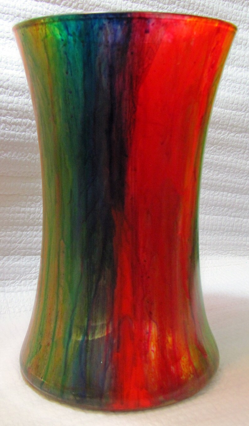 Hand painted glass flower vase, rainbow, acrylic skin, drip paint, free shipping image 3