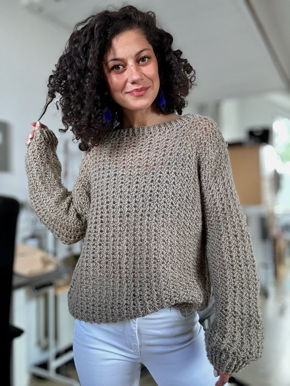 Ameri　CROCHET LONG KNIT Handmade Crochet Sweater With Floral Detail, Long Sleeve