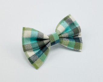 Brushed Cotton check dog bow tie | Teal Sage Cream Dog Bow | Teal and green Bow Tie