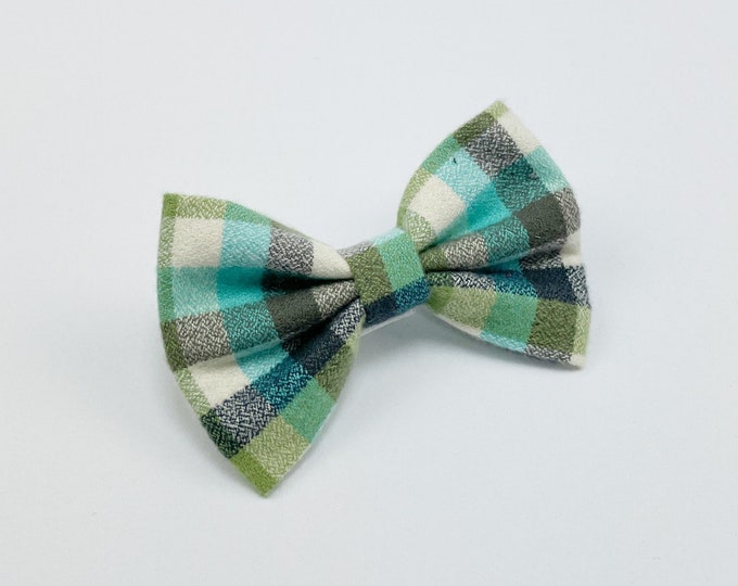 Featured listing image: Brushed Cotton check dog bow tie | Teal Sage Cream Dog Bow | Teal and green Bow Tie