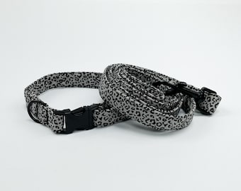 Silver Grey Leopard Print Dog Collar and Lead Set