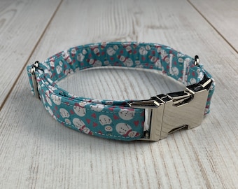 Dog Collar in a Stunning Teal Snowman Fabric with Silver hardware