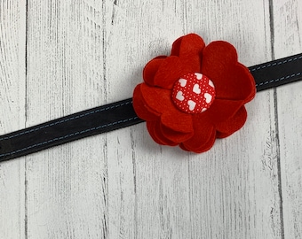 Red Valentine Collar Flower in a wool felt fabric with a red and white hearts fabric button centre