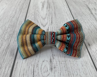 Dog Bow Tie in Blue, Orange And Mustard Textured Fabric