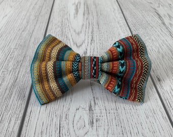 Dog Bow Tie in Blue, Orange And Mustard Textured Fabric