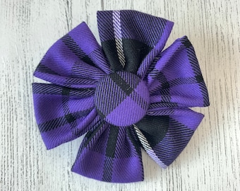 Purple Tartan Dog Collar Flower