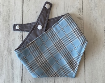 Light Blue and Grey Tartan Dog Bandana with a popper fastening