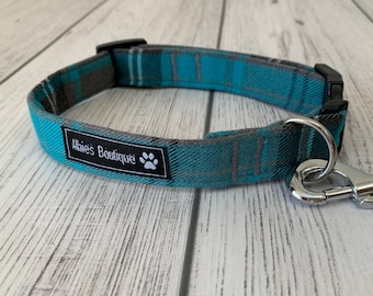 Gorgeous turquoise and grey tartan Dog Collar