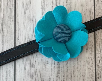 Turquoise Dog Collar Flower in a wool felt fabric with a herringbone button