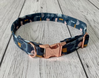 Blue, Mustard and Blush Geometric Fabric Dog Collar with Rose Gold hardware / dog collar / lead / bow tie