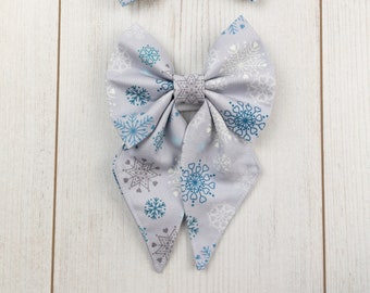 Christmas Sailor Bow in Silver Grey Snowflakes fabric