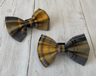 Handmade Dog Bow Tie in Mustard Yellow and Grey Tartan