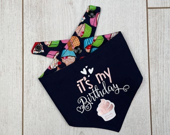 Double sided Navy blue ‘it’s my Birthday’ Dog Bandana with a gorgeous cup cake fabric.