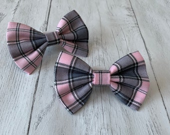 Handmade Dog Bow Tie in Pastel Pink and Grey Tartan