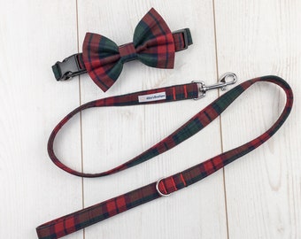 Dog Collar and Lead in a vibrant red and green tartan fabric  / dog collar and lead set