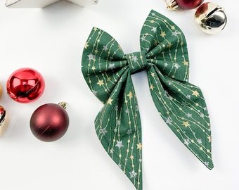 Christmas Sailor Bow in Green Metallic Stars Fabric