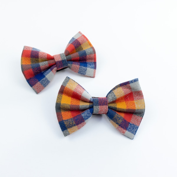 Brushed Cotton check dog bow tie in orange and blue