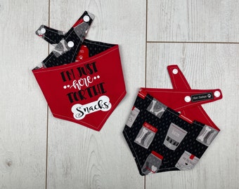 Reversible just here for the snacks Dog Bandana in red  with a dog treats print fabric