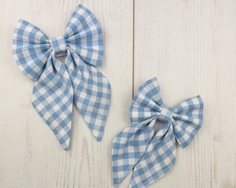 Cute Mini Check Dog Sailor Bow in Blue and White