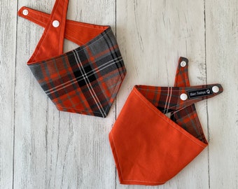 Orange and Grey Tartan Dog Bandana with a popper fastening