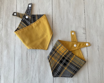 Mustard Yellow and Grey Tartan Dog Bandana with a popper fastening