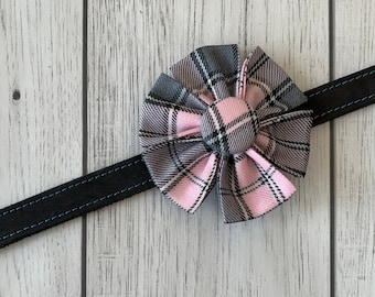 Pastel Pink and Grey Tartan Dog Collar Flower