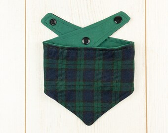 Navy and Green Tartan Dog Bandana with a popper fastening