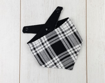 Striking Black and White Tartan Dog Bandana with a popper fastening