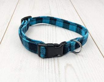 Turquoise and navy dog collar / handmade collar / brushed cotton check