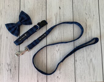 Dog Collar and Lead in a stunning blue and grey tartan fabric  / dog collar and lead set