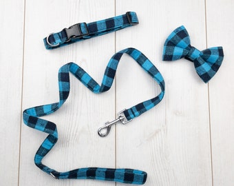 Dog Collar and Lead in a navy and turquoise brushed cotton check fabric  / dog collar and lead set