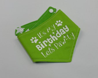 Birthday Dog Bandana in Bright Green with an its my Birthday Lets Pawty print