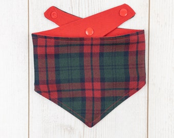 Red and Green Tartan Dog Bandana with a popper fastening