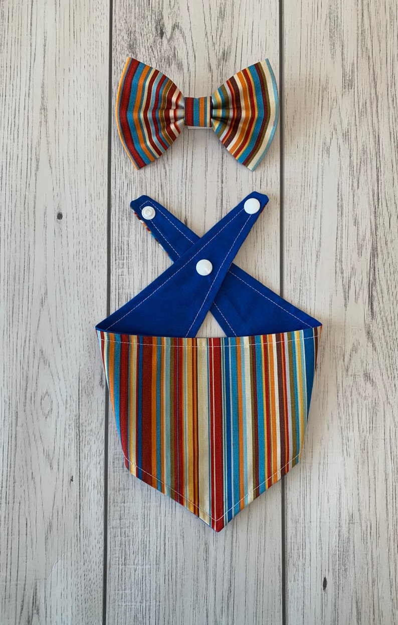 Handmade Dog Bow Tie in Bright Blue and Orange Summer Stripe image 7