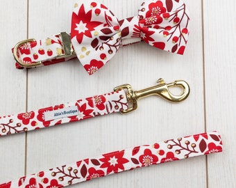 Luxury Dog Collar and Lead in a stunning Red floral metallic fabric with gold buckle / dog collar and lead set