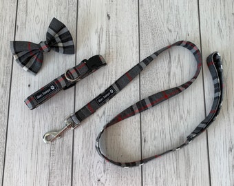 Dog Collar and Lead in a fabulous grey and red tartan fabric  / dog collar and lead set