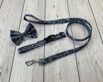 Dog Collar and Lead in a Blue Geometric Fabric with Silver hardware / dog collar and lead set