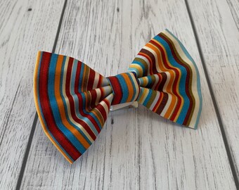 Handmade Dog Bow Tie in Bright Blue and Orange Summer Stripe