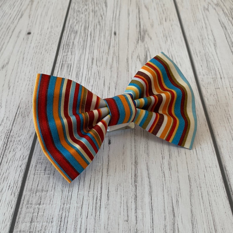 Handmade Dog Bow Tie in Bright Blue and Orange Summer Stripe image 1