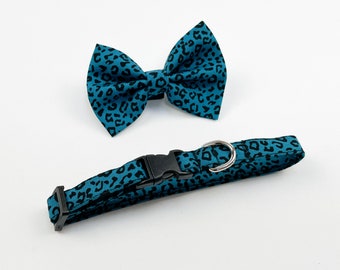 Teal Blue Handmade Leopard Print Cat Collar