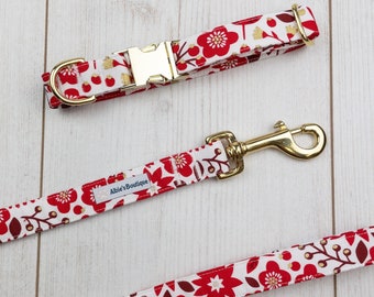 Luxury Dog Collar in a stunning Red floral metallic fabric