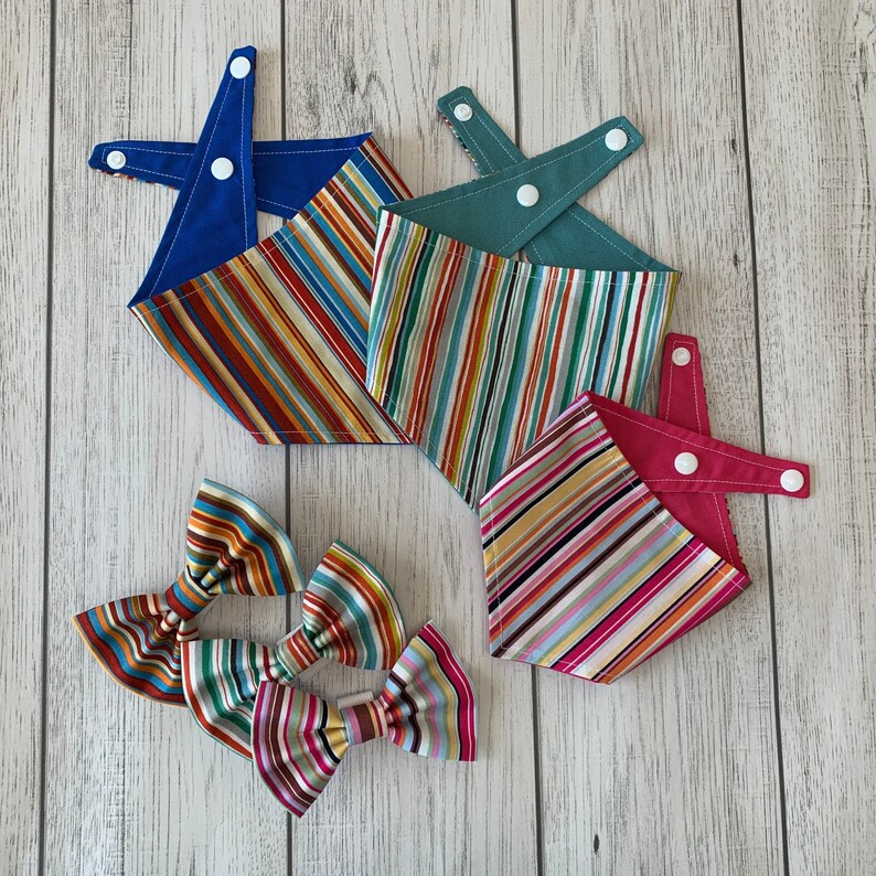 Handmade Dog Bow Tie in Bright Blue and Orange Summer Stripe image 8