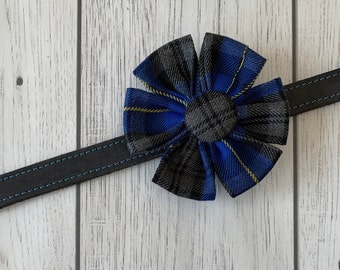 Blue, Grey and Yellow Tartan Dog Collar Flower