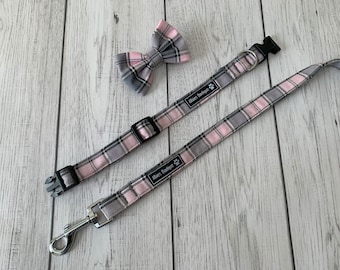Dog Collar and Lead in a Gorgeous pale pink and grey tartan fabric  / dog collar and lead set