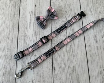 Dog Collar and Lead in a Gorgeous pale pink and grey tartan fabric  / dog collar and lead set