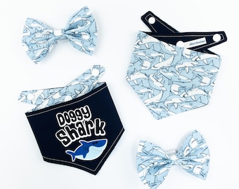 Doggy Shark reversible dog bandana in navy and blue shark print fabric