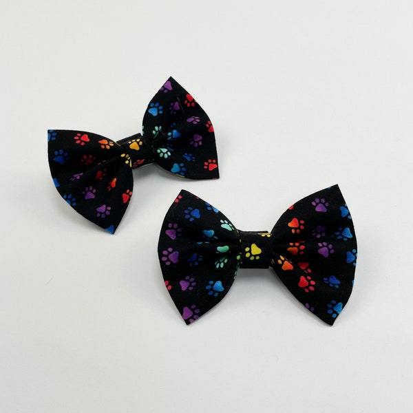 Black and Rainbow Paw Prints Dog Bow Tie