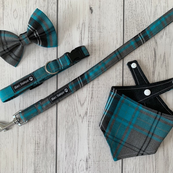 Dog Collar and Lead in a fabulous turquoise and grey tartan fabric  / dog collar and lead set