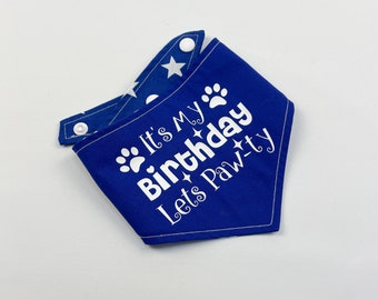 Birthday Dog Bandana in Blue with an its my Birthday Lets Pawty print