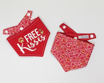 Red Hearts Valentine Dog Bandana with Free Kisses print